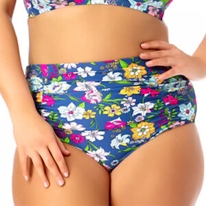 California Sunshine Bikini Bottoms Womens Size 1X Blue Floral Plus High Waist